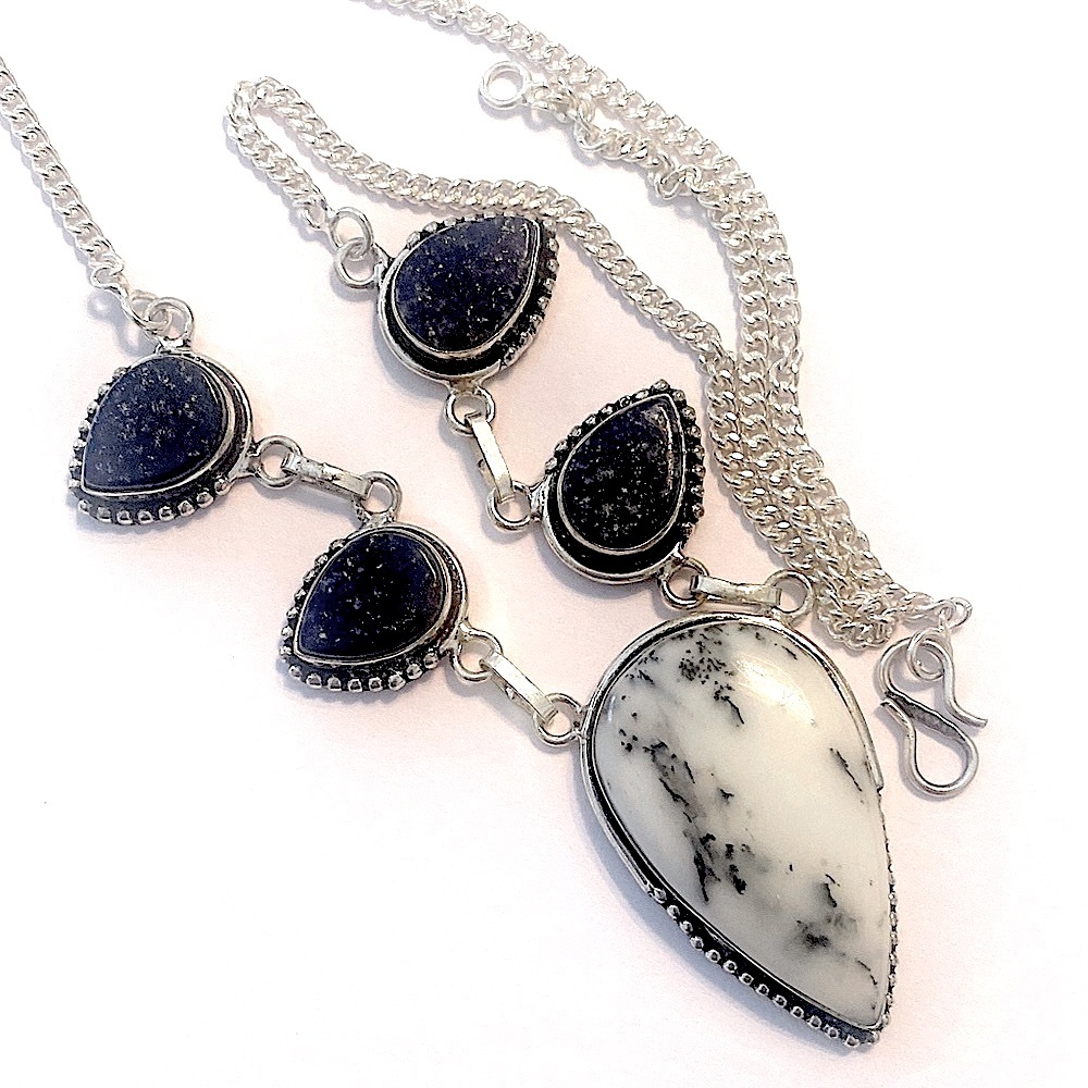 Dendrite Opal and Lapis Lazui pendant on a silver chain